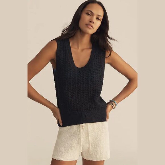 NEW Varley - Size M Ferns Cotton Open-Knit Scoop-Neck Tank Top - Navy - Picture 1 of 4